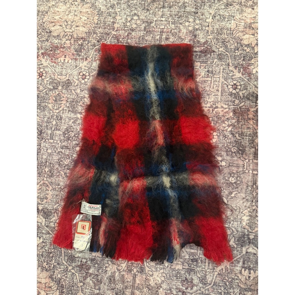 Vintage New Mohair Plaid Scarf Red Blue Black Tassels‎